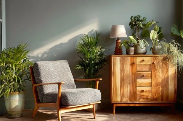 Aparador de madera con cajones junto a un sillón y plantas