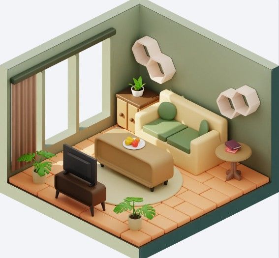 Render 3D de un salón con sofá, mueble de TV y estantes hexagonales