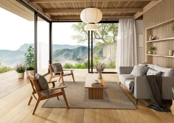 Salón con estantería de listones de madera, mesa de centro y ventanal