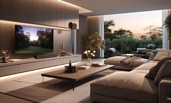 Salón con panel de TV en la pared, mueble bajo suspendido e iluminación LED indirecta